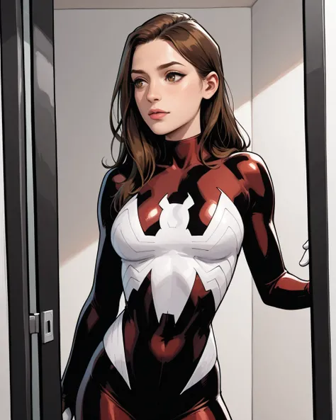 masterpiece, best quality, absurdres, perfect quality, absolutely eye-catching,   <lora:UltimateSpiderWomanIllus:1> 1girl, ultjess, long hair, brown hair,  brown eyes, bodysuit,