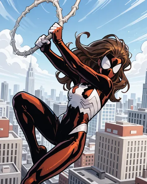 masterpiece, best quality, absurdres, perfect quality, absolutely eye-catching,   <lora:UltimateSpiderWomanIllus:1> 1girl, ultjess, long hair, brown hair, bodysuit, mask, city, swinging, silk