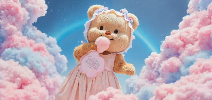 Butterbear, Thai, fur, realistic, fuzzy, furry, natural realistic bear fur, fantasy character, fun, whimsical, she is wearing a cotton cndy dress eating cotton candy on a cotton candy cloud in a cotton candy universe, desktop wallpaper, full body in frame, RAW photo, detailed photograph,8K,extreme photography,masterpiece,trending, pulls the viewer in,film grain,photographed on a Sony A7R IV,18mm F/1.7 cine lens,(highly detailed, intricately detailed),HDR, cinematic film still, highly detailed, high budget, cinemascope,wonderfully vivid and colourful, beautiful pastel colours