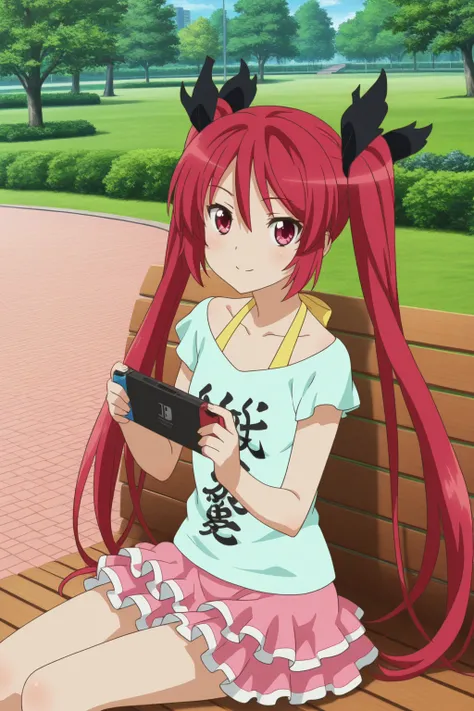 very awa, detailed eyes, shining eyes, masterpiece, best quality, ultra-detailed, (8k), (hdr), absurdres, looking at viewer, solo, 1girl, girl, outdoors, park, smile, aakuuko, red eyes, red hair, twintails, black ribbon, black hair ribbon, kuukoc2, bra straps, halterneck, aqua shirt, japanese text, clothes writing, pink skirt, layered skirt, frilled skirt, ((sitting, playing game, handheld game console, cowboy shot))