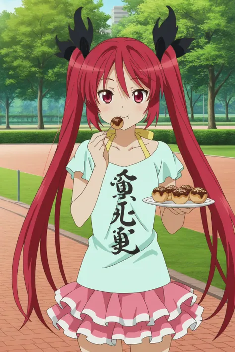 very awa, detailed eyes, shining eyes, masterpiece, best quality, ultra-detailed, (8k), (hdr), absurdres, looking at viewer, solo, 1girl, girl, outdoors, park, smile, aakuuko, red eyes, red hair, twintails, black ribbon, black hair ribbon, kuukoc2, bra straps, halterneck, aqua shirt, japanese text, clothes writing, pink skirt, layered skirt, frilled skirt, ((standing, takoyaki, eating, cowboy shot))