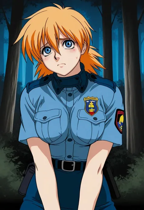 Hellsing_style, masterpiece, best quality, 1girl, Seras Victoria, blue eyes, police, nervous, forest