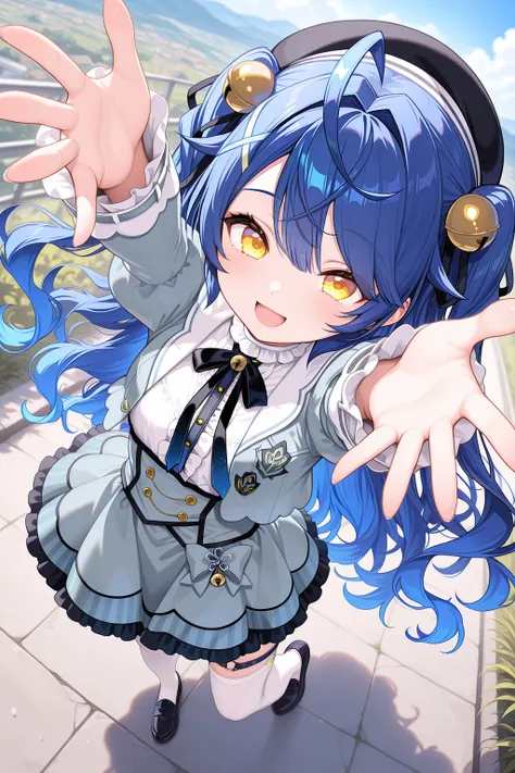 1girl, AmamiyaKokoroNijisanji,
general, solo, perspective, dynamic angle, from above,
long hair, blue hair, two side up, wavy hair,
eyelashes, yellow eyes, 
black headwear, x hair ornament, hair bell,
grey jacket,
puffy sleeves, frilled sleeves,
cropped jacket,
breasts, open jacket, 
neck bell, white shirt, 
grey dress, 
thigh strap, white thighhighs, loafers, 
smile, open mouth, arms up, open hands,
outdoors,
<lora:kp_AmamiyaKokoroNijisanji1stCostumeIllustrious_v1_0:1.0>,
masterpiece, best quality, amazing quality