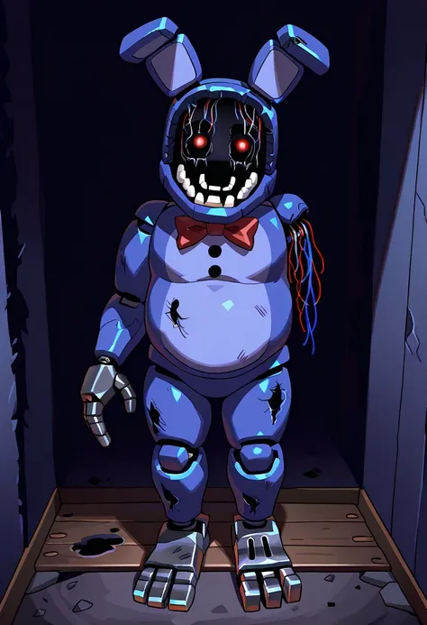WitheredBonnieFNAF, 1boy, dirty dry blue fur, hollow face, red eyes, round thin teeth, thinner torso, dark red bowtie, small black buttons, holes tattering limbs, metal right hand, metal left foot, amputated arm, withering, horror, robot joints, solo, full body