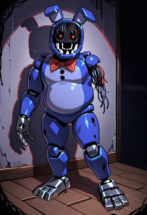 WitheredBonnieFNAF, 1boy, dirty dry blue fur, hollow face, red eyes, round thin teeth, thinner torso, dark red bowtie, small black buttons, holes tattering limbs, metal right hand, metal left foot, amputated arm, withering, horror, robot joints, solo, full body