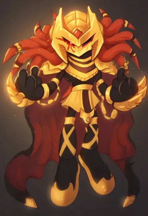 score_9, score_8_up, score_7_up, (best quality, smooth lighting), ultra-detailed, high resolution, 8k, solo male, Dark Enerjak, gold armor, black sclera, red pupils, red and black dreadlocks, large black and red cape, gold claws, black gold shoes, battle stance, BREAK outside, Rich, Detailed background, ambient light