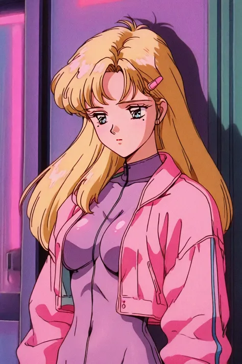 fuurinji miu, blonde hair, long hair, blue eyes, mole under right eyes, slim waist, large breast, pink jacket, purple bodysuit, hairclip, 1girl, solo, alone, <lora:retro_lofi_vibe:1>, retro_lofi_vibe, retro artstyle, masterpiece, highres