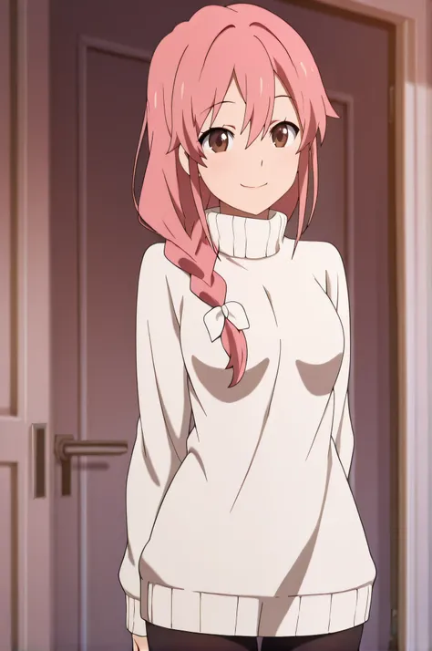 masterpiece, best quality, highres, newest, 1girl, solo, official style, anime screencap, <lora:Subaru_Mom:1>, subarumother, pink hair, hair over shoulder, hair bow, braid, brown eyes, white sweater, turtleneck, medium breasts, black pantyhose, looking at viewer, smile, indoor, cowboy shot