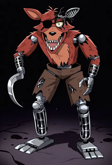 WitheredFoxyFNAF, 1boy, dirty red fur, few stray hairs on top of head, left ear is missing, damaged, yellow eyes, black eyepatch on right eye, thin sharp teeth, thin, sharp hook for left hand, metal legs, brown shorts, withering, robot joints, horror, metal right hand, solo, full body