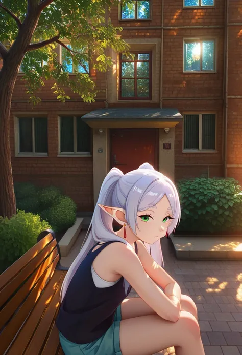 masterpiece, high quality, hrushch, building, window, sunlight, tree, building, from side, bench, door, bush, 1girl, solo, frieren, tank top, shorts, looking at viewer, upper body, sitting, outdoors,