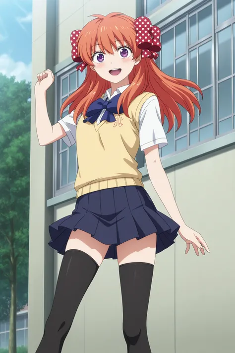 masterpiece, best quality, amazing quality, highres, absurdres, very aesthetic, high resolution, ultra detailed, perfect details, 1girl, solo, outdoors, school, day, sunlight, sakura chiyo, long hair, orange hair, red hair ribbon, polka dot ribbon, purple eyes, short sleeves, white shirt, collared shirt, yellow sweater vest, blue bowtie, blue skirt, pleated skirt, black thighhighs, brown footwear, loafers, <lora:Chiyo_Sakura_ILXL:0.8>, aged up, (feet out of frame:1.5), looking at viewer, smile, (anime coloring:1.5), (pose:1.1), open mouth
