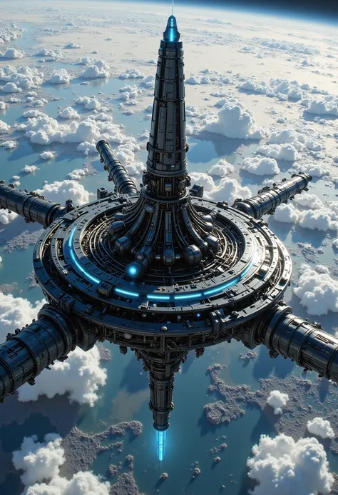pinkmechalux, A breathtaking view of a colossal, futuristic spacecraft/orbital station in orbit around **Earth**. The central spire is obsidian black, reflecting the planetary light with subtle iridescence.  The circular base features intricate geometric patterns and glowing blue energy fields. Multiple smaller structures extend outwards like arms, hinting at internal complexity. Earth fills much of the background, showcasing swirling white cloud formations and a visible atmospheric haze over continents. Photorealistic rendering, dramatic lighting, volumetric atmosphere, global illumination, 8k resolution, cinematic composition, hyperdetailed textures. Style: Science Fiction Concept Art, Hard Surface Modeling.
