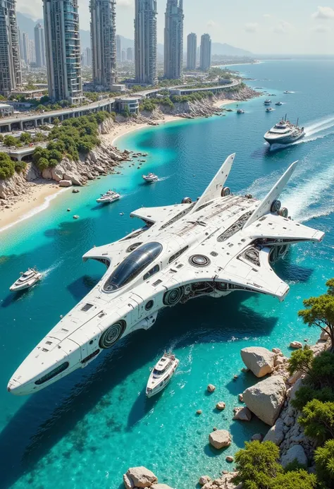 pinkmechalux, A breathtaking, ultra-detailed depiction of a futuristic coastal city, featuring a massive, sleek white spacecraft hovering over crystal-clear turquoise waters. The spacecraft is aerodynamically designed with an elongated body and pronounced delta wings extending backward. Multiple large propulsion systems, both at the rear and on the wings, showcase advanced circular dark apertures, hinting at powerful energy sources.      Surface Details: The ship's exterior is covered in intricate paneling and modular structures, reflecting a high-tech construction. A large, dark-tinted panoramic cockpit dome dominates the front, while subtle markings and symbols decorate its hull.     Position & Interaction with Water: The spacecraft is partially submerged, suggesting either a recent landing or an imminent takeoff. Sunlight reflects off its polished surface, creating dazzling highlights and interacting dynamically with the surrounding rippling water.  The Aquatic Environment:      Water Clarity & Color: Vibrant turquoise waters transition into deeper, darker blues. The transparency reveals a sandy and rocky seabed in select areas.     Dynamic Elements: Gentle water disturbances form around the spacecraft, indicating recent movement. Small futuristic white transport vessels navigate nearby, suggesting an integrated aquatic transport system.     Coastal Integration: Beige and light brown rocky shores frame the scene, complemented by clusters of lush evergreen trees with dense, rounded canopies, adding an organic contrast to the futuristic setting.  The Futuristic Cityscape:      Architectural Mastery: Towering, avant-garde skyscrapers dominate the skyline, featuring smooth, reflective surfaces, geometric complexity, and gravity-defying designs. Some structures pierce the sky like spires, while others adopt fluid, organic shapes.     Advanced Infrastructure: Elevated transport systems crisscross above the waters, connecting different city sectors. Small, streamlined spacecraft glide along these aerial pathways, and circular platforms serve as possible landing stations.     Coastal Integration: The city extends seamlessly to the waterâs edge, with futuristic beachside structures and pristine sandy shores blending natural beauty with technological sophistication.  Lighting & Atmosphere:      Sunlit Brilliance: Strong, direct sunlight enhances the scene, casting crisp shadows and producing striking reflections across metallic surfaces and rippling water.     Mood & Impact: The image conveys an atmosphere of technological advancement, prosperity, and a seamless fusion of civilization and nature. The pristine sky and water reinforce a clean, utopian vision of the future.  Final Impression: A visually stunning, hyper-detailed representation of an advanced civilization thriving on the coast, where cutting-edge air and sea transport technologies coexist harmoniously with an awe-inspiring metropolis under a radiant sunlit sky.