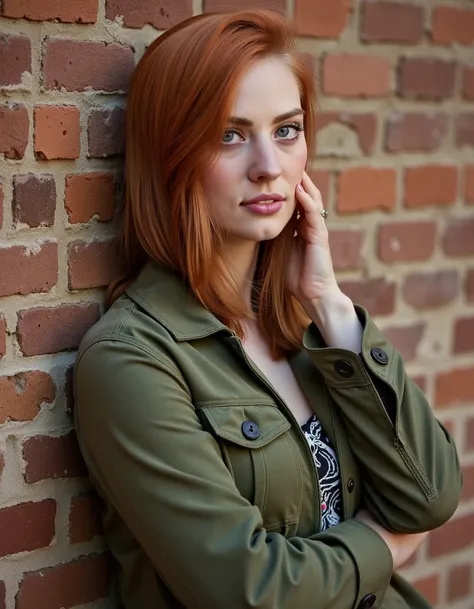 woman, Leaning against a rustic brick wall wearing an olive green utility jacket, aubrun red hair  <lora:deborahannwoll:1>