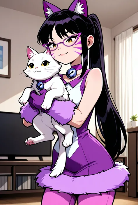 <lora:nyancychan-10:1> nyancychan, black hair, 1girl, long hair, cat ears, purple glasses,  claws, gloves, neck bell, purple choker, whisker markings, ponytail, pink pants, short dress, sleeveless, sharp canines, expressive, facial expression,, holding pet cat, in living room, :3, cute,, masterpiece, best quality, amazing quality, very aesthetic, absurdres, newest,