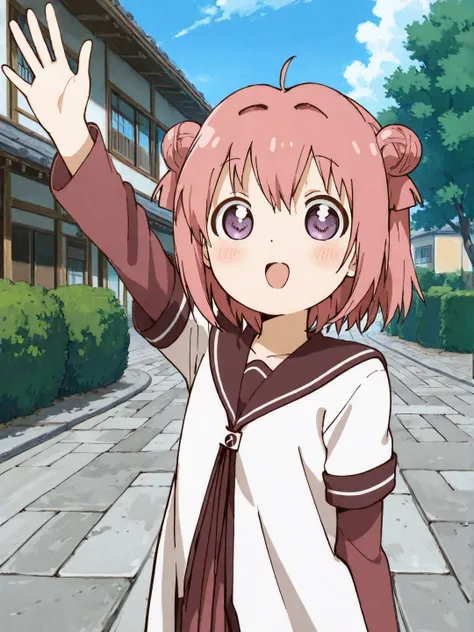 <lora:ST_Yuru_Yuri_0R:1>, yuruyuristyle, <lora:CC_Detail_Tweaker_1:1>
akaza akari, purple eyes, pink hair, short hair, double bun, ahoge
nanamori school uniform, white shirt, brown sailor collar, short over long sleeves, maroon skirt
masterpiece, best quality, amazing quality, absurdres, highres, detailed background, anime style, anime coloring
1girl, (detailed eyes:1.2), (detailed face:1.2), detailed skin
looking at viewer, blush, smile, open mouth, waving
(outdoors, japan, toyama, toyama prefecture, town, school, park, bush, tree, street, stone floor, house)