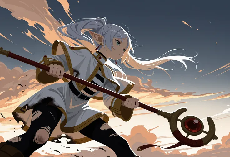 masterpiece, best quality, absurdres, very aesthetic, highres, very awa, (no lineart:1.3),
1girl, frieren, holding staff, fighting stance, leaning forward, wind, cloud, torn clothes, burnt clothes, torn legwear,
