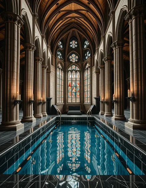 private indoor swimming pool in gothic cathedral illu
