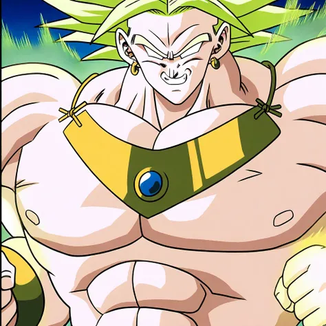 pectorals, no irises, super saiyan, gold footwear, closed mouth, from behind, necklace, parody, full body, upper body, 2boys, blank eyes, torn clothes, close-up, male focus, 1boy, thick legs, solo, gold wristbands, snow, multi tone footwear, aura, green hair, white pants, wristband, energy ball, clenched hands, spiked hair, pillarboxed, shirtless, abs, black border, jewelry, grin