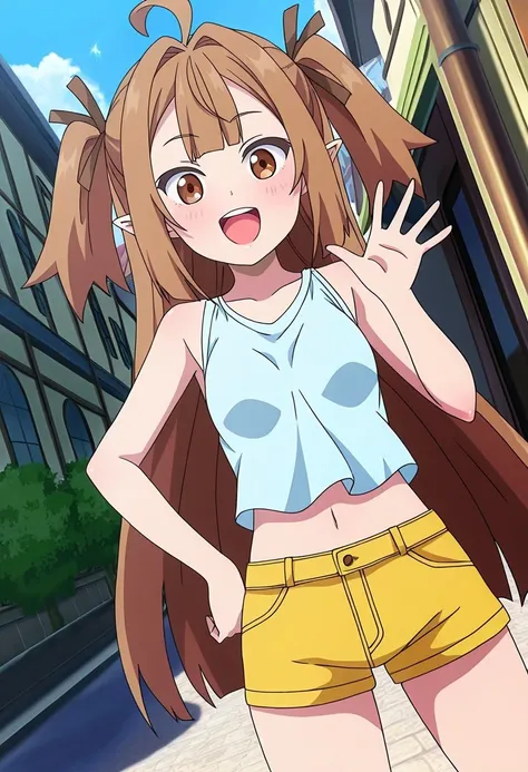 general,highres, ultra-detailed,very aesthetic,best quality ,best hands,best eyes,easynegative,
dynamic anglre, dutch angle, anime cloring,anime screencap,
1girl solo,looking at viewer,smile,open mouth, waving hand, hand on hip, town,
Mesudowa,brown_hair, long_hair, twintails, brown eyes, small breasts, ahoge, pointy_ears, short body, petite,bare shoulders shirt,navel,short pants,