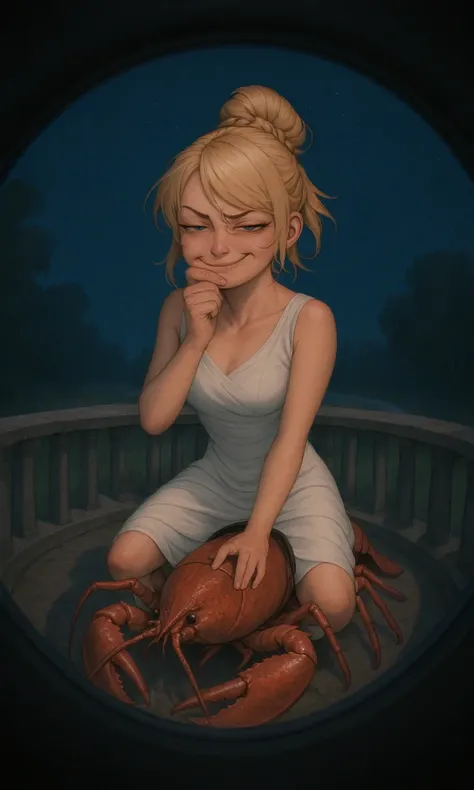 embedding:IllusP0s, pov peephole, riding lobster, fisheye, Lunafreya Nox Fleuret, 1girl, blonde hair, hair up, braid, asymmetrical bangs, sleeveless dress, white dress, blue eyes, rubbing chin, smug, smirk, half-closed eyes, UZ_Krysdecker, detailed, volumetric light, perfect light, shadows, chiaroscuro lighting, outdoors, night,<lora:Krysdecker_style_v3.safetensors:0.8:0.8> <lora:Lunafreya_Nox_Fleuret_ill.safetensors:0.8:0.8> <lora:pov peephole_riding lobster_fisheye_illustrious.safetensors:1:1>