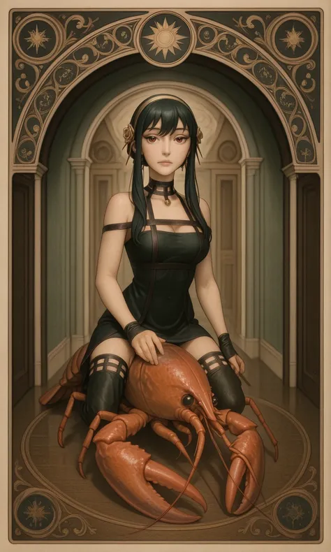 embedding:IllusP0s, pov peephole, riding lobster, fisheye art nouveau, tarot_\(medium\), 1girl, yor_briar_\(spy x family\),<lora:art_nouveau_tarot_medium_illustrious.safetensors:1.0:1.0> <lora:pov peephole_riding lobster_fisheye_illustrious.safetensors:1:1>
