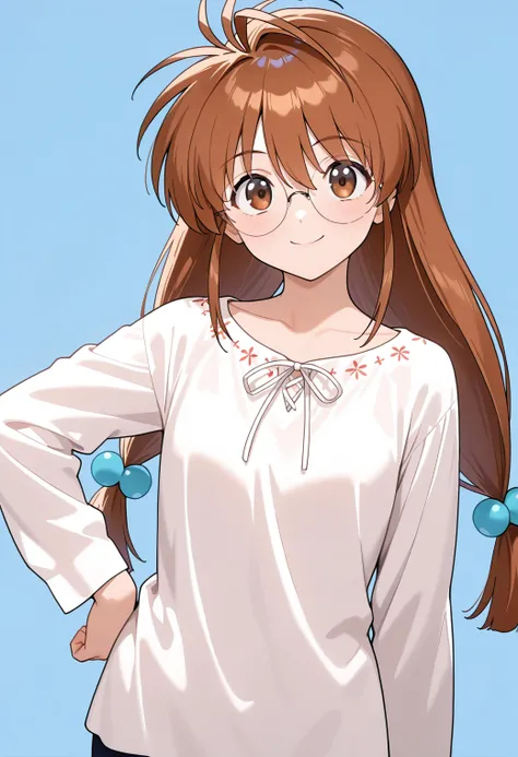 masterpiece, best quality, very aesthetic, absurdres, 1girl, solo,
<lora:inagawa_yuu_v01:0.9>, inagawa_yuu, yuu_casual2, brown hair, low-tied long hair, antenna hair, wintails, brown eyes,
blue hair bobbles, rimless eyewear, round eyewear, opaque glasses, white shirt, long sleeves, smile, posing, upper body