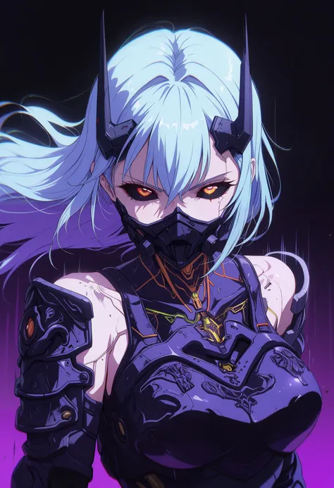 masterpiece, best quality, good quality, very aesthetic, absurdres, newest, 8K, depth of field, focused subject, 
in the style of ckncore, 1girl, solo, black sclera, colored sclera, long hair, looking at viewer, hair between eyes, black mask, cyberpunk breastplate, futuristic shoulder armor, neon red pauldrons, film grain, chromatic aberration, gritty, dark, dim light, chiarusco, motion lines, dynamic pose,