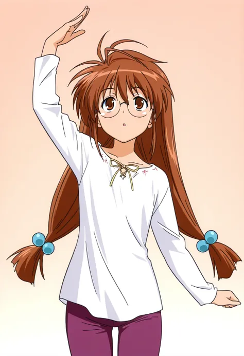 masterpiece, best quality, very aesthetic, absurdres, 1girl, solo,
<lora:inagawa_yuu_v01:0.9>, inagawa_yuu, yuu_casual2, brown hair, low-tied long hair, antenna hair, wintails, brown eyes,
blue hair bobbles, rimless eyewear, round eyewear, opaque glasses, white shirt, long sleeves, purple pants, posing