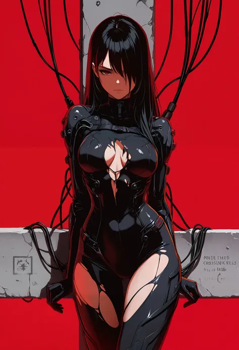 masterpiece, best quality, good quality, very aesthetic, absurdres, newest, 8K, depth of field, focused subject, 
in the style of ckncore, 1girl, solo, black hair, hair over one eye, long hair, bodysuit, torn clothes, simple background, cables attatched, lean against giant concrete cross, red background