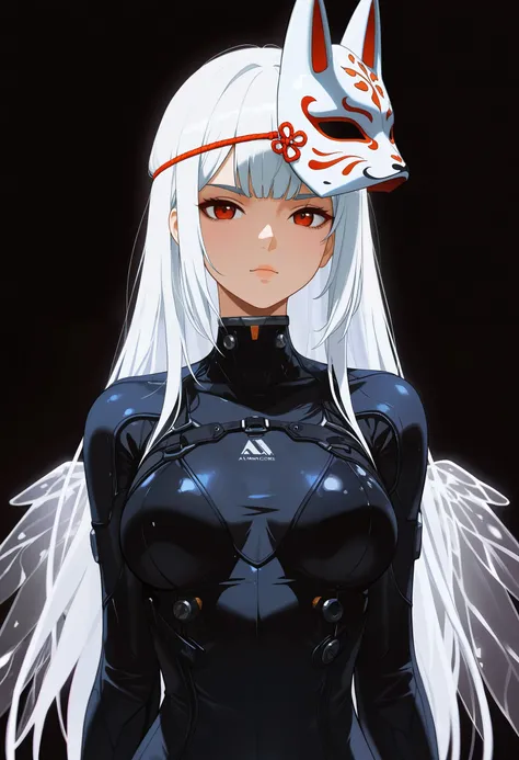 masterpiece, best quality, good quality, very aesthetic, absurdres, newest, 8K, depth of field, focused subject, 
in the style of ckncore, 
A closeup of a 1girl wearing a fox mask, looking at viewer, wearing tech suit and glass wings