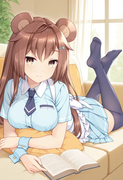 masterpiece, best quality, amazing quality,  BREAK <lora:Puff:1> pifpuf, 1girl, brown hair, dark blue thighhighs, on stomach, lying, plant, animal ears, window, on couch, brown eyes, star hairclip, open book, waist apron, indoors, looking at viewer, no shoes, pillow, dark blue necktie,holding book, smile, curtains, short sleeves, blue wrist cuffs, closed mouth, light blue shirt, the pose, reading, pleated skirt, light blue skirt, blush, day, feet up, medium breasts, frills, back bow, white bow, hair between eyes, zettai ryouiki, white collar
