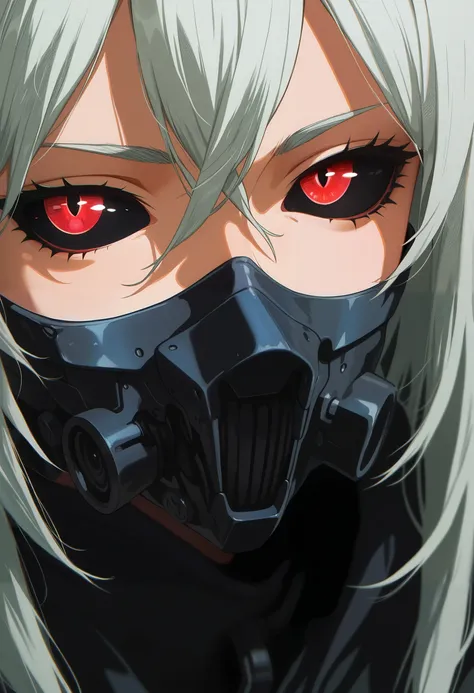 masterpiece, best quality, good quality, very aesthetic, absurdres, newest, 8K, depth of field, focused subject, 
in the style of ckncore, 1girl, solo, black sclera, red eyes, colored sclera, long hair, looking at viewer, hair between eyes, black mask, film grain, halftone, chromatic aberration, gritty,