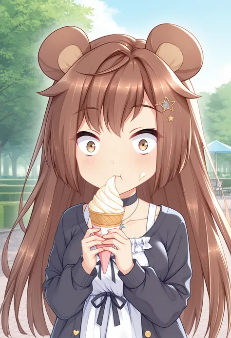 masterpiece, best quality, amazing quality,  BREAK <lora:Puff:1> pifpuf, 1girl, animal ears, brown hair, chibi, long hair, hair ribbon, white ribbon, star hair ornament, white attire, collarbone, black choker, necklace, multicolored jacket, black jacket, white jacket, open jacket,black ribbon, frills, long sleeves, white straps, yellow buttons,ice cream,eating,surprised, cream on the face,blush,outdoors,park,looking a viewer