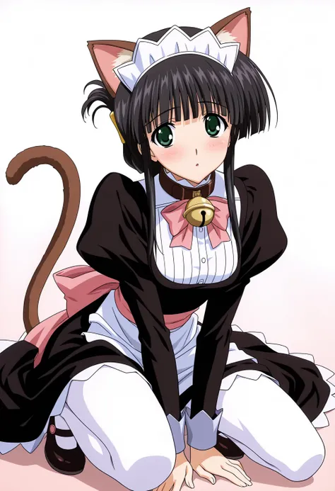 masterpiece, best quality, very aesthetic, absurdres, 1girl, solo,
<lora:hasebe_aya_v01:0.9>, hasebe_aya, aya_cosplay, black hair, folded ponytail, blunt bangs, sidelocks, green eyes,
cat ears, maid headdress, maid, black dress, collar, neck bell, juliet sleeves, long sleeves, pink bow, cat tail, white pantyhose, black mary janes, posing