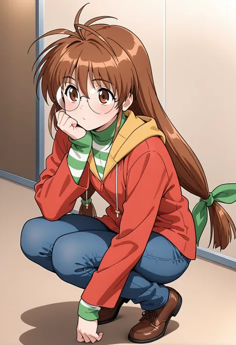masterpiece, best quality, very aesthetic, absurdres, 1girl, solo,
<lora:inagawa_yuu_v01:0.9>, inagawa_yuu, yuu_casual1, brown hair, low-tied long hair, antenna hair, wintails, brown eyes,
green hair ribbon, rimless eyewear, round eyewear, opaque glasses, red jacket, hoodie, long sleeves, striped shirt, turtleneck, denim, brown shoes, posing, squatting