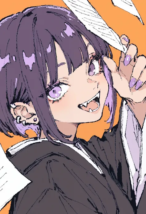 <lora:546L5rKh5LqL-illustriousXL_v01_V2-CAME>, 546L, purple nails, solo, 1girl, open mouth, looking at viewer, short hair, holding, ear piercing, black hair, smile, japanese clothes, orange background, upper body, kimono, piercing, nail polish, purple hair, heterochromia, earrings, purple eyes, jewelry, from side, fangs, teeth, paper, holding paper, hand up, :d, black kimono, long sleeves