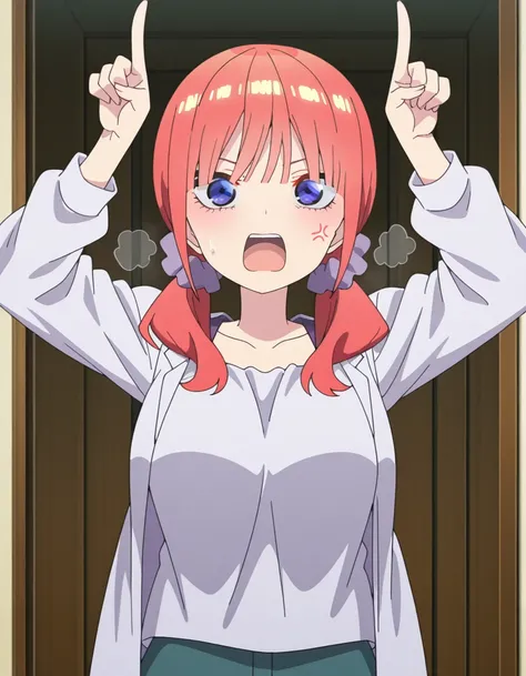 masterpiece, best quality, amazing quality,, <lora:nino-nakano-honeymoon-illustriousxl-lora-nochekaiser:1>, nino nakano, bangs, blue eyes, hair ornament, twintails, pink hair, blunt bangs, medium hair, scrunchie, eyebrows hidden by hair, purple scrunchie, mature female, breasts, anime screencap, <lora:horns-pose-illustriousxl-lora-nochekaiser:1>, horns pose, index fingers raised, angry, steam, open mouth, shouting, anger vein, cowboy shot, hands up,, , ,