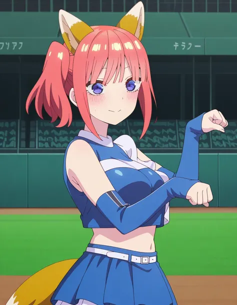 masterpiece, best quality, amazing quality,, <lora:nino-nakano-honeymoon-illustriousxl-lora-nochekaiser:1>, nino nakano, short hair, bangs, blue eyes, pink hair, blunt bangs, side ponytail, mature female, breasts, anime screencap, <lora:kitsune-dance-illustriousxl-lora-nochekaiser:1>, kitsune dance, cheerleader, layered skirt, paw pose, fox ears, white belt, fox tail, baseball stadium, blue shirt, blue skirt, crop top, sleeveless shirt, midriff, , ,