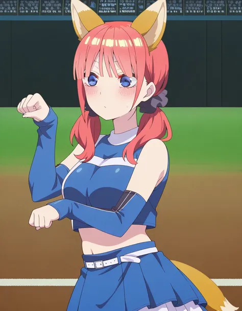 masterpiece, best quality, amazing quality,, <lora:nino-nakano-honeymoon-illustriousxl-lora-nochekaiser:1>, nino nakano, bangs, blue eyes, hair ornament, twintails, pink hair, blunt bangs, medium hair, scrunchie, eyebrows hidden by hair, black scrunchie, mature female, breasts, anime screencap, <lora:kitsune-dance-illustriousxl-lora-nochekaiser:1>, kitsune dance, cheerleader, layered skirt, paw pose, fox ears, white belt, fox tail, baseball stadium, blue shirt, blue skirt, crop top, sleeveless shirt, midriff, , ,