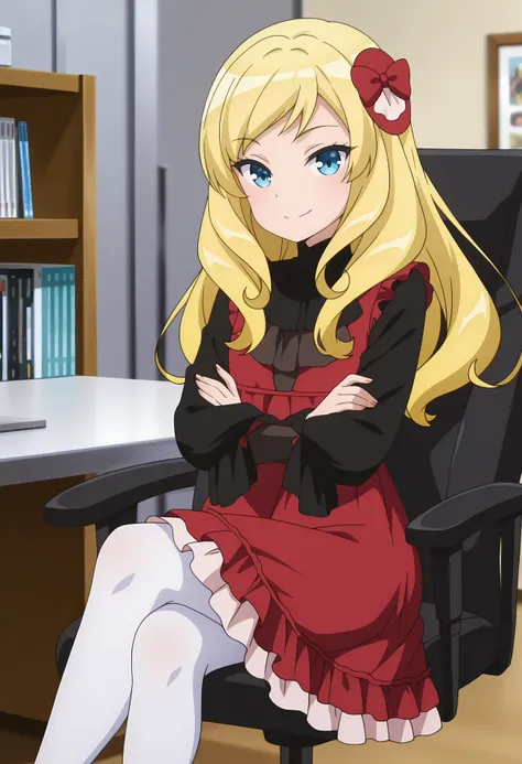 anime screencap, masterpiece, best quality,
<lora:ImoutoSaeIrebaIi_AshleyOono_IlluXL:0.9>,
1girl, solo, closed mouth, smile,
swept bangs, long hair, blonde hair, blue eyes, hair ornament, hair bow, red bow,
pinafore dress, frilled dress, red dress, black shirt, puffy long sleeves, white pantyhose,
crossed arms, sitting, crossed legs, looking at viewer,
bookshelf, table, computer, chair, photo background, blurry background