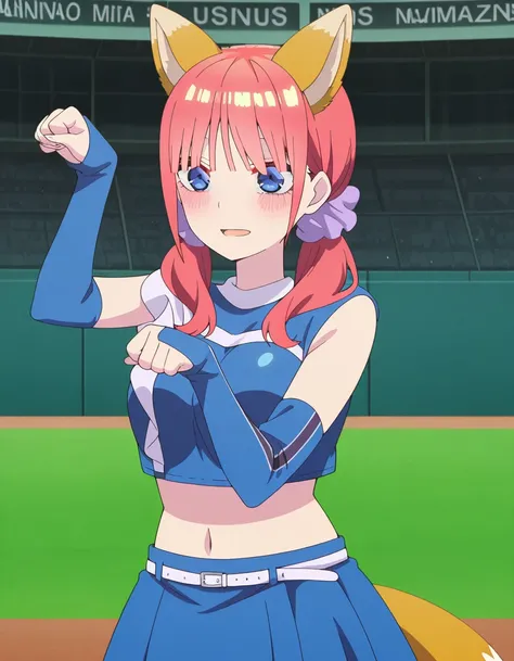 masterpiece, best quality, amazing quality,, <lora:nino-nakano-honeymoon-illustriousxl-lora-nochekaiser:1>, nino nakano, bangs, blue eyes, hair ornament, twintails, pink hair, blunt bangs, medium hair, scrunchie, eyebrows hidden by hair, purple scrunchie, mature female, breasts, anime screencap, <lora:kitsune-dance-illustriousxl-lora-nochekaiser:1>, kitsune dance, cheerleader, layered skirt, paw pose, fox ears, white belt, fox tail, baseball stadium, blue shirt, blue skirt, crop top, sleeveless shirt, midriff, , ,