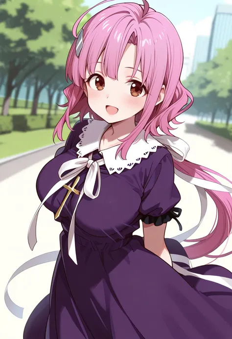 masterpiece, best quality, 1girl, solo, <lora:ill_megu-ne:1>, gakkou_megumi, cowboy shot, purple dress, white collar, white ribbon, short sleeves, cross neckless, large breasts, pink hair, bangs, ponytail, long hair, hair ornament, brown eyes, looking at viewer, smile, open mouth, university, outdoors
