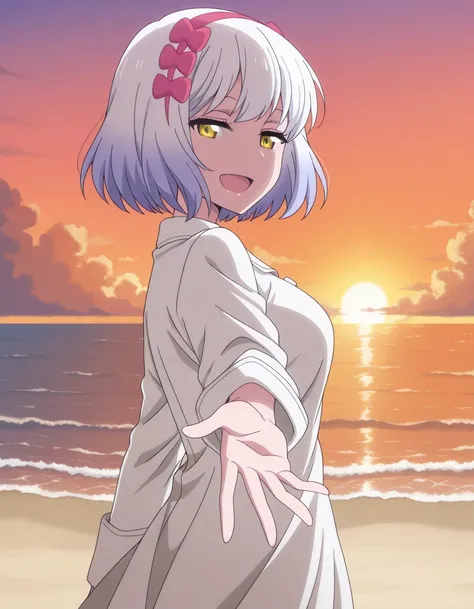 masterpiece, best quality, amazing quality,, <lora:paula-mccoy-s2-illustriousxl-lora-nochekaiser:1>, paula mccoy, short hair, bow, yellow eyes, white hair, hair bow, hairband, mature female, medium breasts, anime screencap, <lora:looking-back-reaching-towards-viewer-illustriousxl-lora-nochekaiser:1>, looking back reaching towards viewer, looking at viewer, smile, looking back, open mouth, reaching towards viewer, beach, half-closed eyes, cowboy shot, sunset, , ,