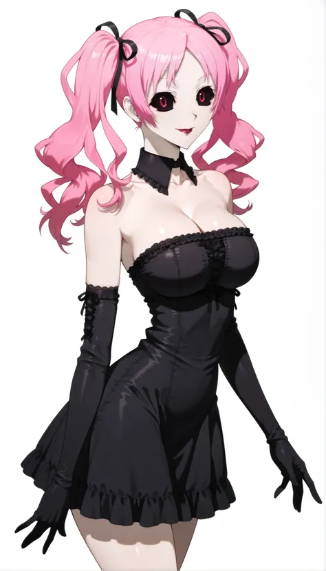 megumi shimizu, 1girl, pink hair, twintails, dress, bare shoulders, hair ribbon, breasts, standing, sexy, cleavage, smile, closed mouth, looking at viewer, lipstick, black sclera, colored sclera, red eyes, gothic, elbow gloves, black gloves, black dress, white background, simple background, masterpiece, best quality, highres, very aesthetic, very awa, newest, intricate details, amazing details