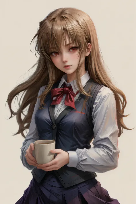 fujino_shizuru, an anime girl,  1girl, solo, long hair, looking at viewer, skirt, simple background, brown hair, red eyes, white background, school uniform, vest, cup