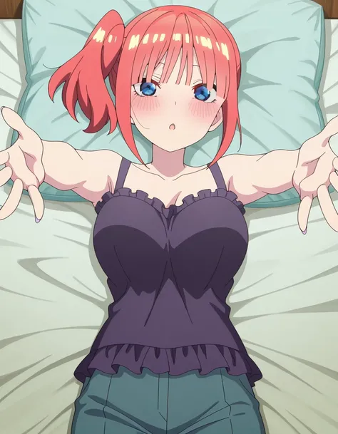 masterpiece, best quality, amazing quality,, <lora:nino-nakano-honeymoon-illustriousxl-lora-nochekaiser:1>, nino nakano, short hair, bangs, blue eyes, pink hair, blunt bangs, side ponytail, mature female, breasts, anime screencap, <lora:reaching-towards-viewer-on-back-illustriousxl-lora-nochekaiser:1>, reaching towards viewer on back, lying, outstretched arms, looking at viewer, parted lips, blush, torogao, reaching towards viewer, on back, on bed, pillow, lingerie, cowboy shot,, , ,