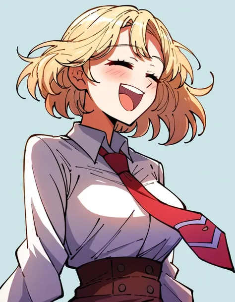score_9, score_8_up, score_7_up, score_6_up, source_anime, anime coloring, <lora:by_ddolbang-pony-000017:0.8> by ddolbang, 1girl, virtual youtuber, blonde hair, watson amelia, solo, closed eyes, necktie, smile, shirt, open mouth, bob cut, blush, white shirt, upper body, breasts, red necktie, white background, :d, collared shirt, medium hair, simple background, bangs, high-waist skirt