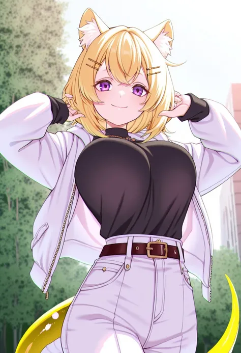 hogerarara, masterpiece, solo, source_anime, 1girl, outdoors, looking at viewer, purple eyes, animal ears, animal ear fluff, blonde hair, hair ornament, hairclip, large breasts, lizard tail, jacket, white jacket, long sleeves, open clothes, open jacket, shirt, black shirt, jewelry, belt, dynamic pose, smile
