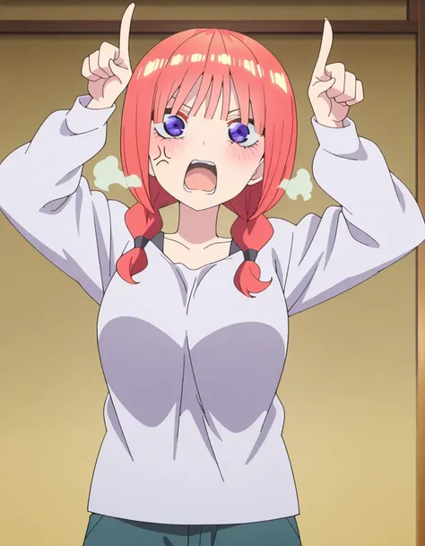 masterpiece, best quality, amazing quality,, <lora:nino-nakano-honeymoon-illustriousxl-lora-nochekaiser:1>, nino nakano, bangs, blue eyes, twintails, pink hair, braid, blunt bangs, twin braids, mature female, breasts, anime screencap, <lora:horns-pose-illustriousxl-lora-nochekaiser:1>, horns pose, index fingers raised, angry, steam, open mouth, shouting, anger vein, cowboy shot, hands up,, , ,